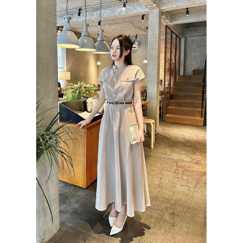 váy cổ tàu tay vạt kèm đai