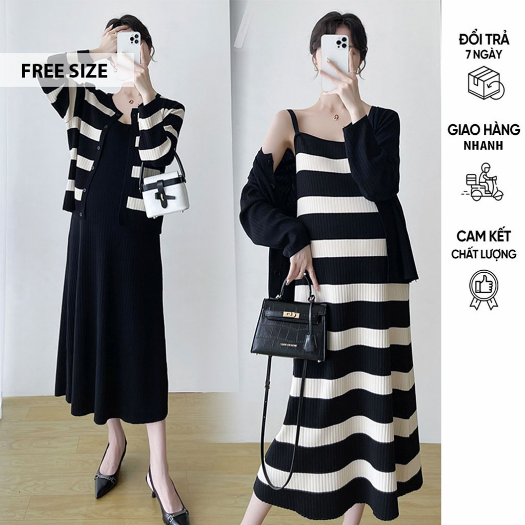 SET VÁY ĐẦM LEN QUẢNG CHÂU CAO CẤP GỒM VÁY 2 DÂY VÀ ÁO KHOÁC CARDIGAN - ĐẦM BẦU TRƯỚC VÀ SAU SINH FREESIZE
