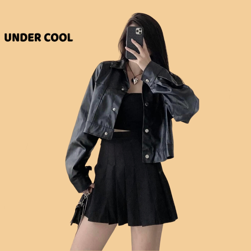 Áo da croptop basic nữ dài tay khoác ngoài UNDERCOOL năng động mặc đi chơi, đi làm cá tính