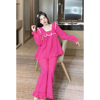 Bộ mặc nhà kẻ caro tay dài quần dài cổ vuông bèo tiểu thư chất đũi kẻ thô freesize 45-65kg -  Chun's sleepwear