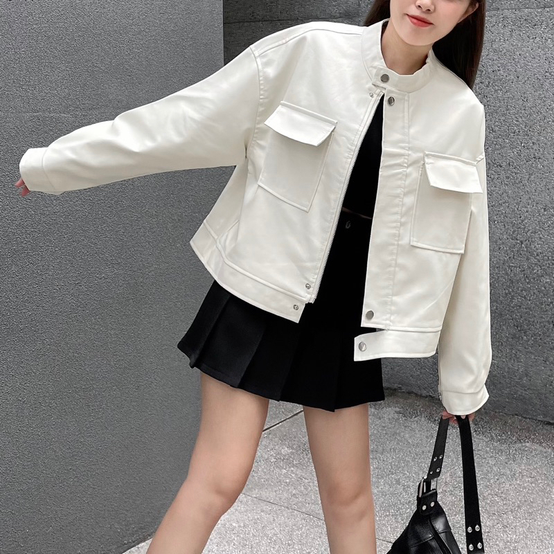 Áo khoác da nữ CAMELLIA JACKET Hàn Quốc freesize form suông ngắn