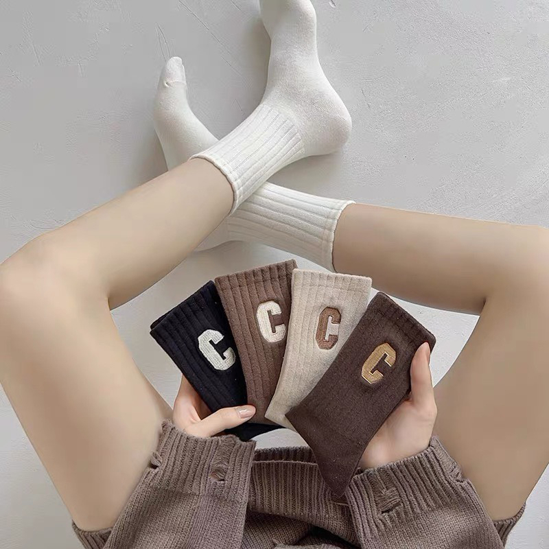 Sét 5 Đôi Tất Nữ Cổ Cao Chữ C Tông Nâu Phong Cách Hàn Quốc