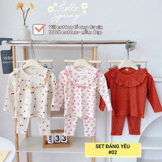 Set 3 bộ đồ dài bé gái , đồ bộ bé gái , chất cotton tổ ong , kiểu dáng cổ bèo xinh - điệu, size 8-16kg