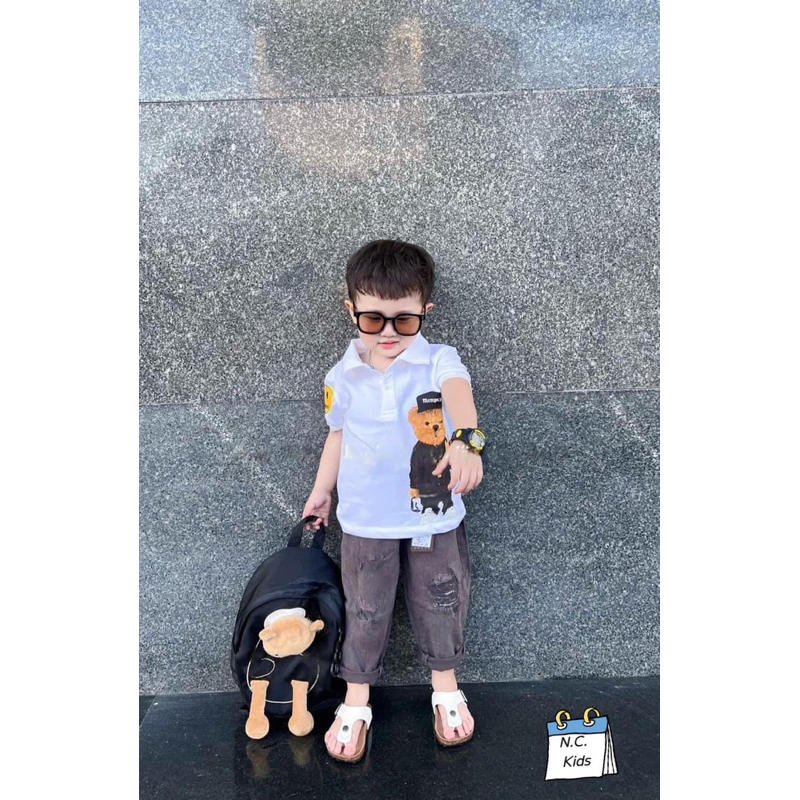 Bộ gấu béo bên hông quần baggy rách bé trai