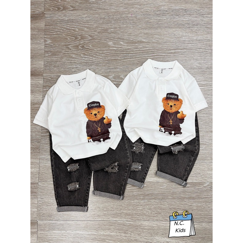 Bộ gấu béo bên hông quần baggy rách bé trai