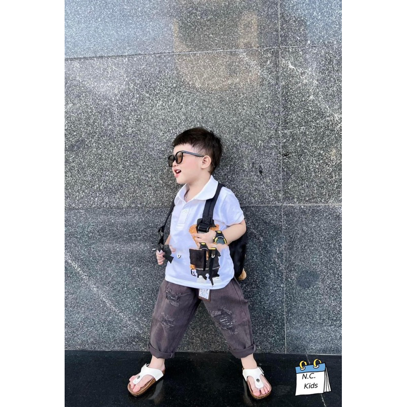 Bộ gấu béo bên hông quần baggy rách bé trai