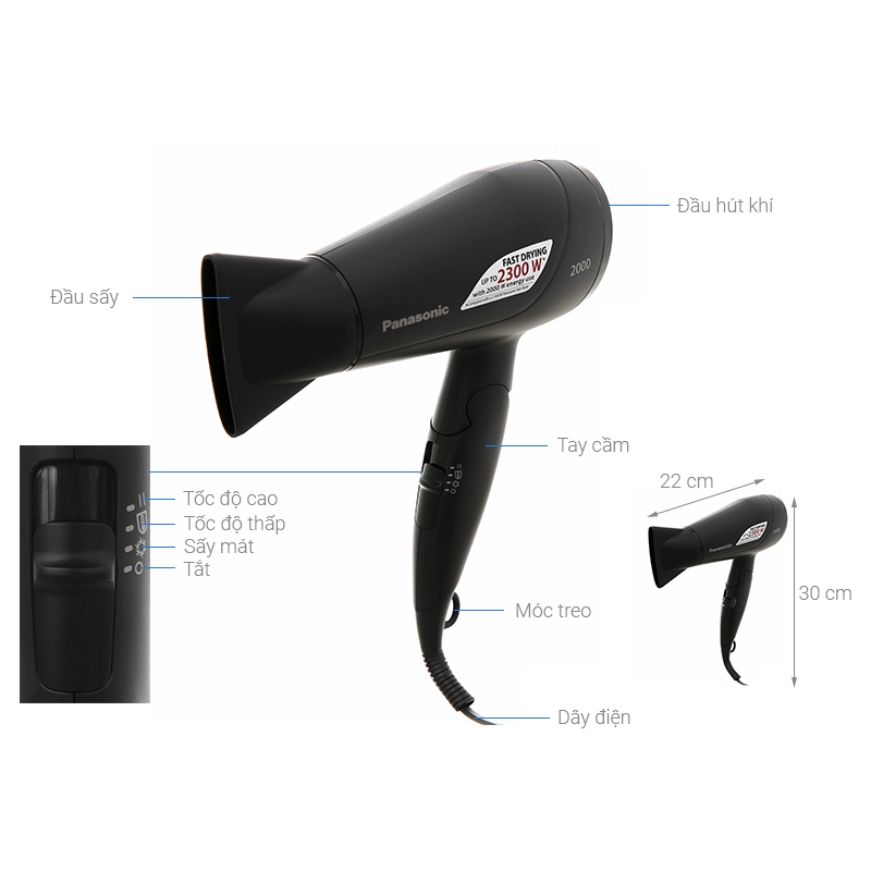Máy Sấy Tóc, Máy Tạo Kiểu Salon 2 Chiều Nóng Lạnh Công Suất Lớn Panasonic
