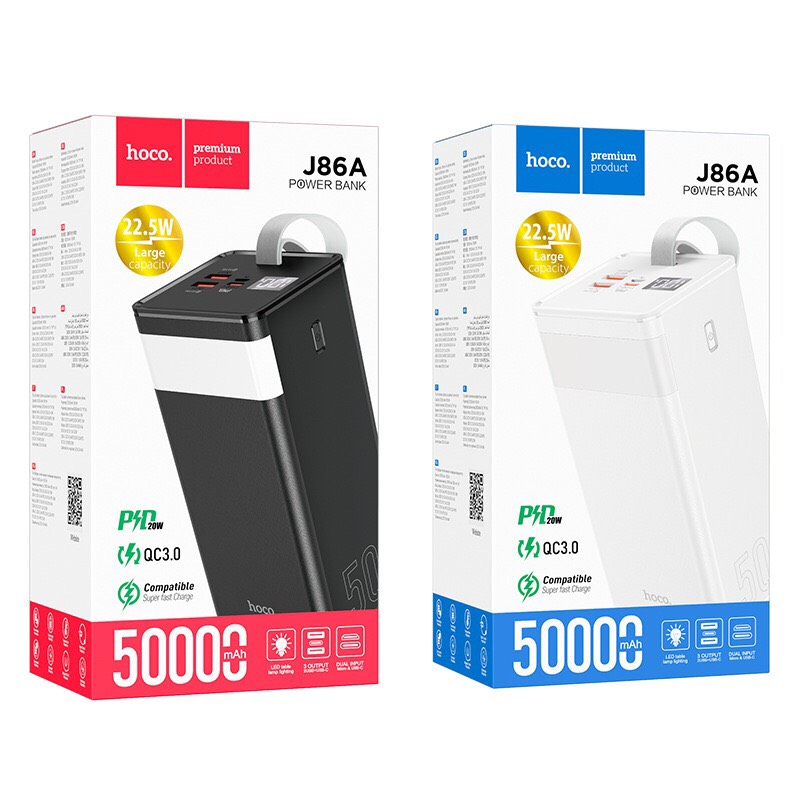 Sạc dự phòng 50000mAh Hoco J86A hỗ trợ sạc nhanh 22.5W, đèn pin, dây sách