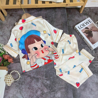 [17-47 kg] Bộ đồ ngủ lụa trẻ em cao cấp - Bộ bé gái tay cộc quần dài - hoạ tiết 3D đáng yêu
