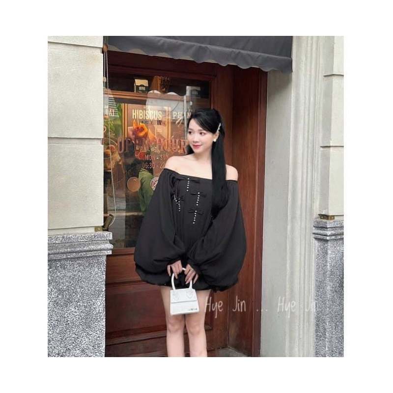 Váy tơ gương 2 lớp nơ đính dây đá dáng bồng