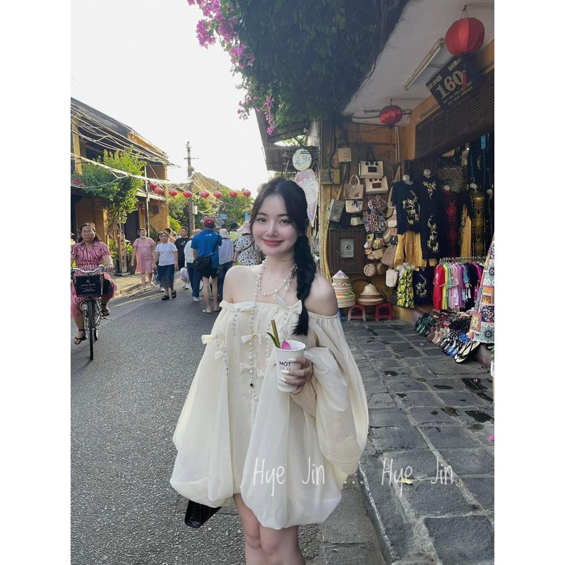 Váy tơ gương 2 lớp nơ đính dây đá dáng bồng