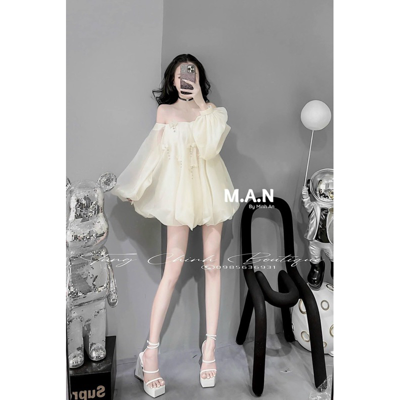 Váy tơ gương 2 lớp nơ đính dây đá dáng bồng