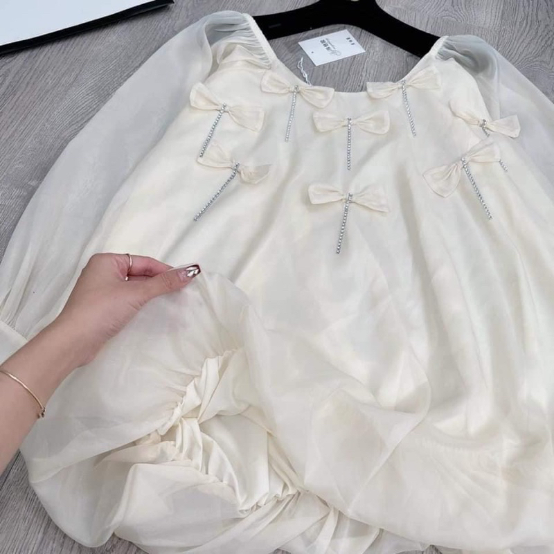 Váy tơ gương 2 lớp nơ đính dây đá dáng bồng