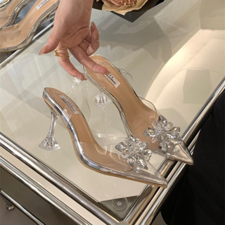 Giày cao gót trong suốt đính hoa đá pha lê gót loe cao cấp (9p)