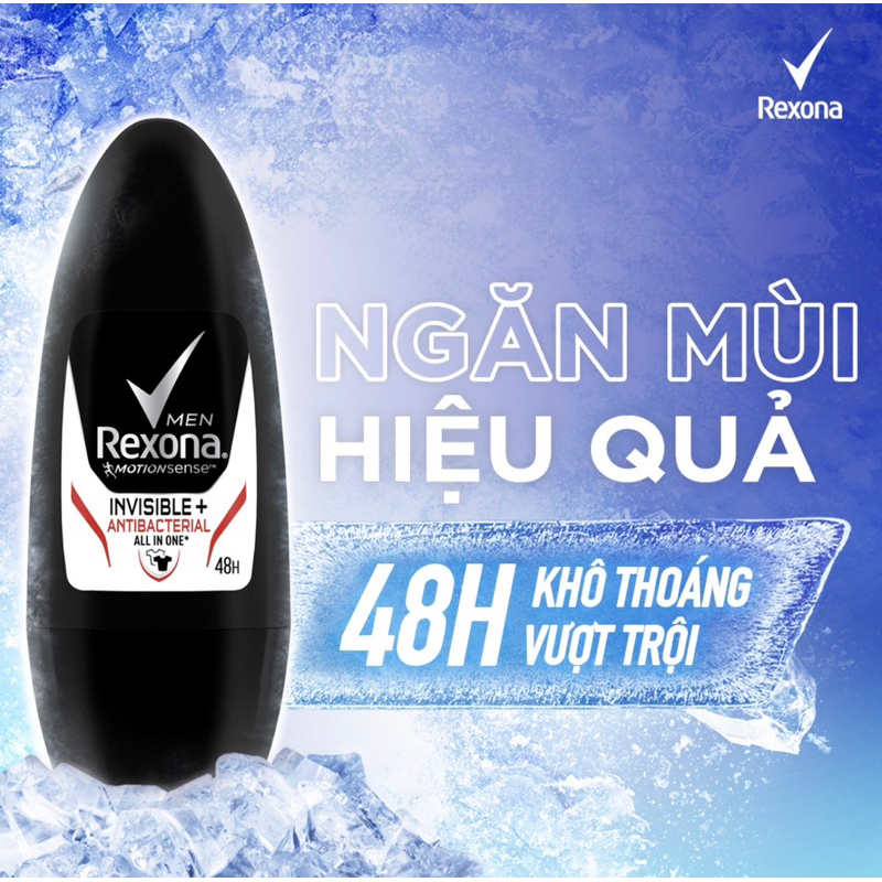 Lăn Khử Mùi Nam Rexona Khô Thoáng Invisible & Antibacterial 45ml