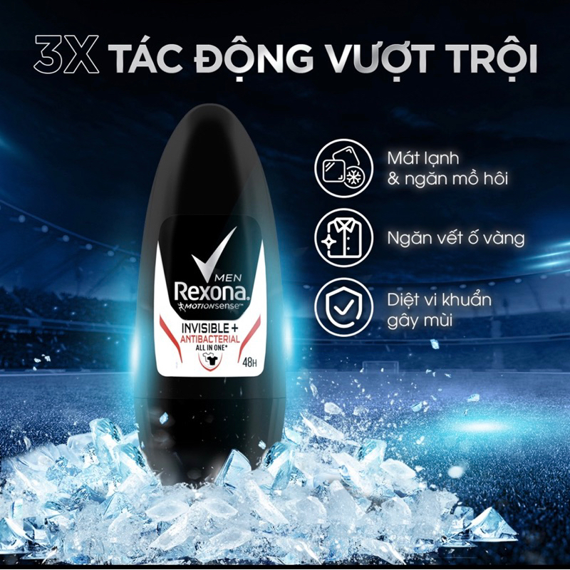 Lăn Khử Mùi Nam Rexona Khô Thoáng Invisible & Antibacterial 45ml