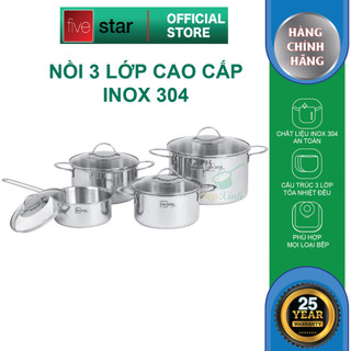 Bộ nồi Inox 304 cao cấp 3 đáy liền nguyên khối Fivestar Plus 4 món nắp kính size nồi 16cm,20cm,24cm và quánh 16cm