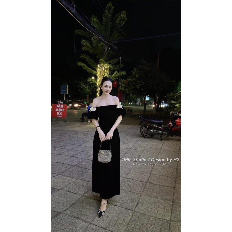 Vay nhung tay bồng 2 lớp phối nơ dáng dài