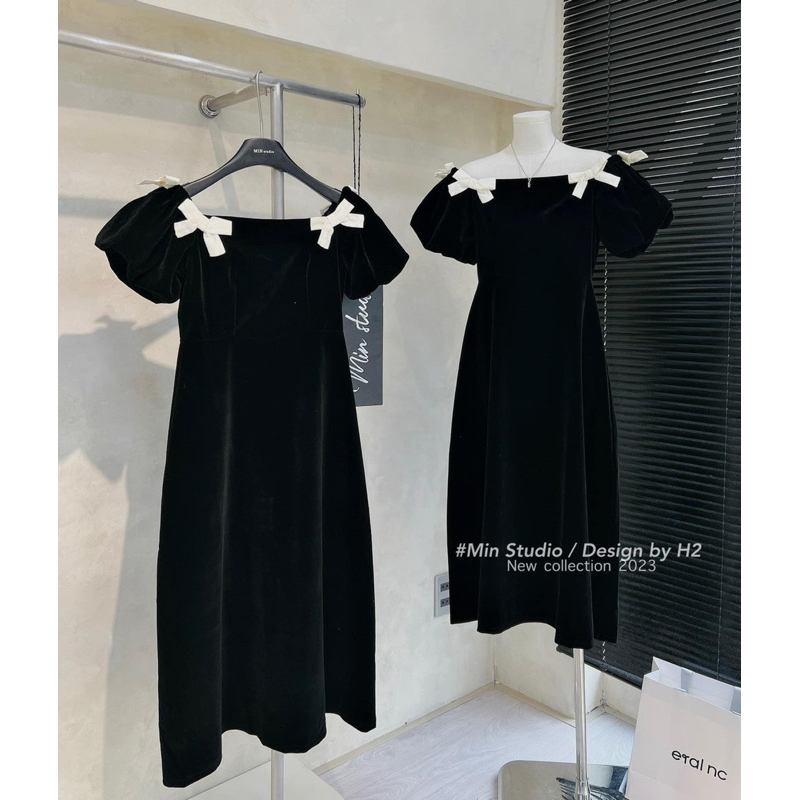Vay nhung tay bồng 2 lớp phối nơ dáng dài