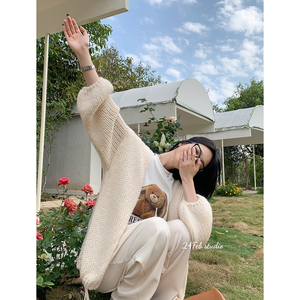 Áo khoác cardigan len mỏng tay bo phong cách vintage Hàn Quốc