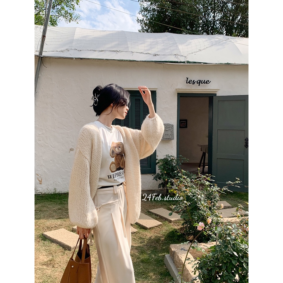 Áo khoác cardigan len mỏng tay bo phong cách vintage Hàn Quốc