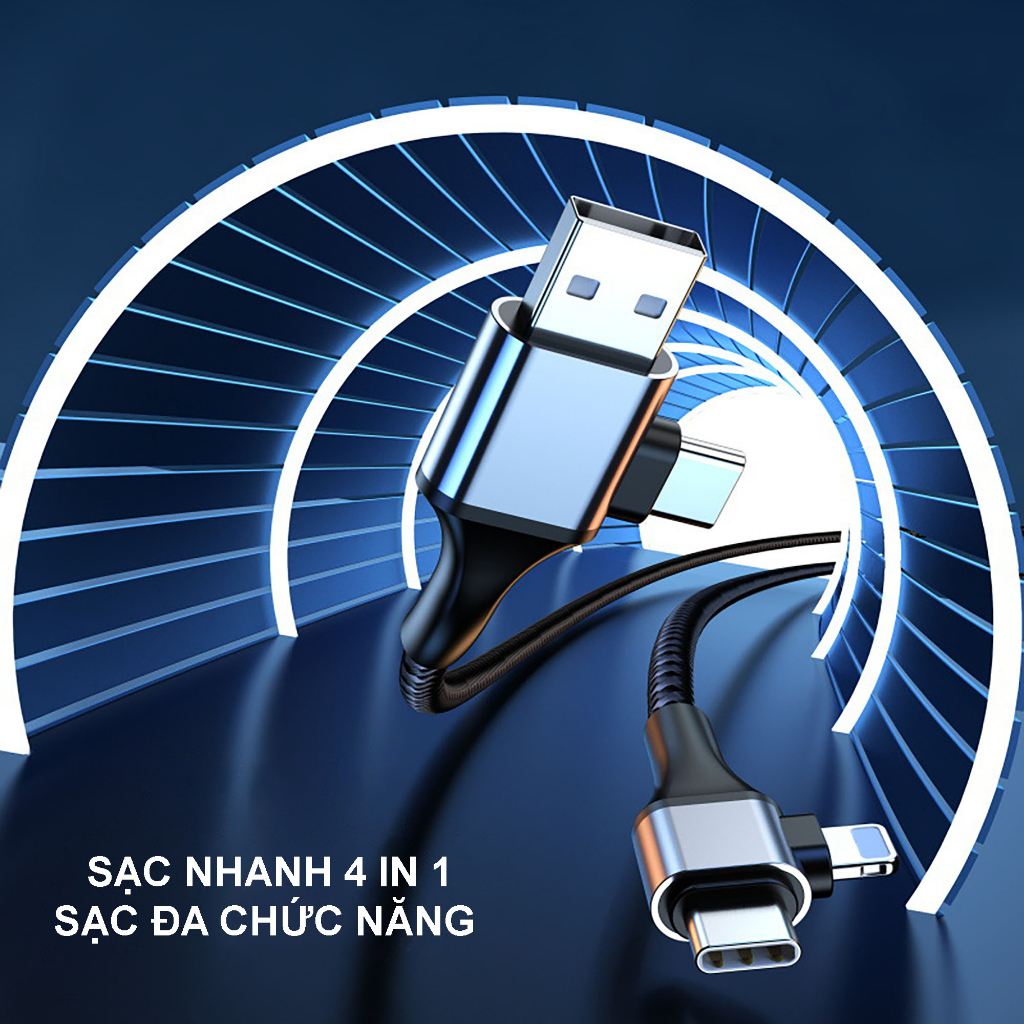 Dây cáp sạc nhanh 4 in 1 cho IPhone, IPad, Android, Samsung, Xiaomi, Oppo, Vivo cống suất lên đến 65W, an toàn, tiện lợi