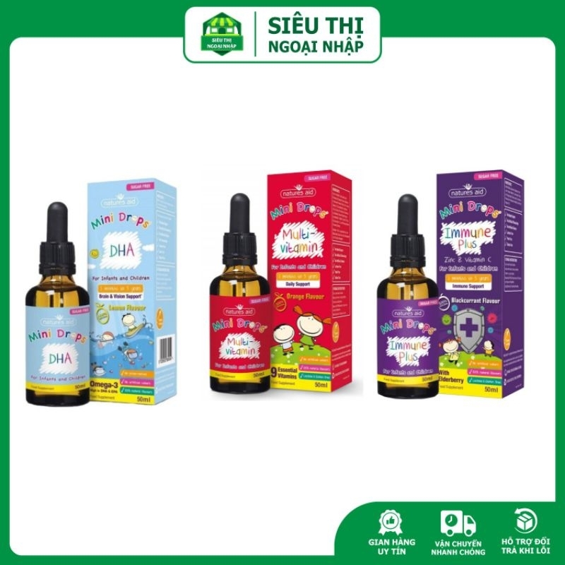 Combo bộ 3 sản phẩm Mini Drops Nature Aid bổ sung DHA, multivitamin và tăng đề kháng cho bé