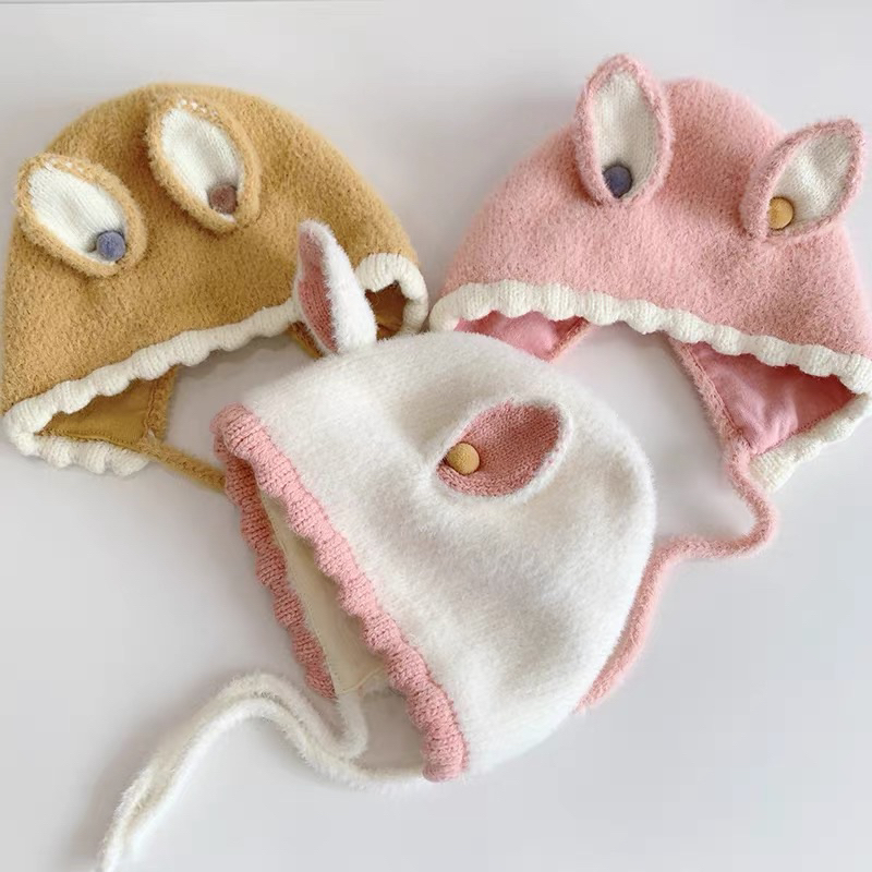 Mũ len mịn sơ sinh tai thỏ cho bé trai bé gái , phù hợp 0-2 tuổi