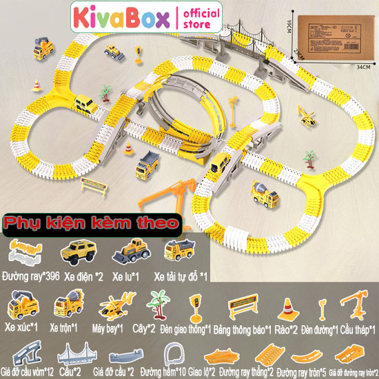 Bộ lắp ghép đường ray ô tô, tàu hỏa chạy tự động, đồ chơi trẻ em phát triển trí tuệ, KivaBox, 476 chi tiết