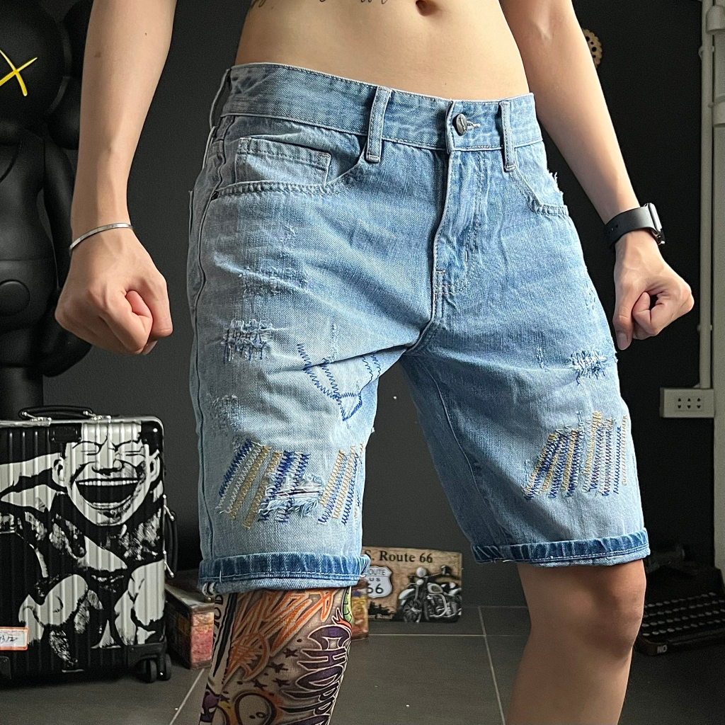 Quần short jean XIGETU màu xanh mẫu mạng chỉ chi tiết như hình QS1470 K3 STORE