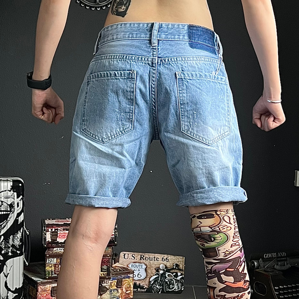 Quần short jean XIGETU màu xanh mẫu mạng chỉ chi tiết như hình QS1470 K3 STORE