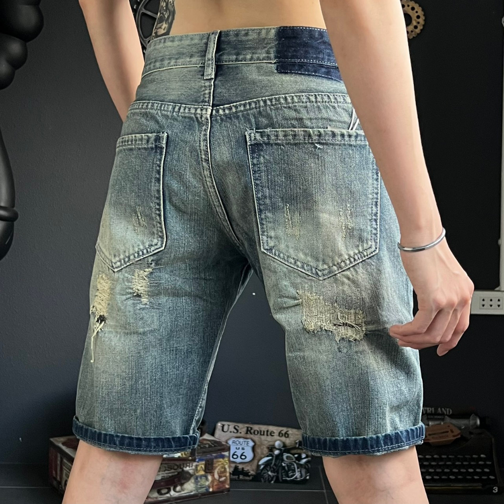 Quần short jean nam rách mạng chỉ trước sau màu xanh was chi tiết như hình QS1475 K3 STORE