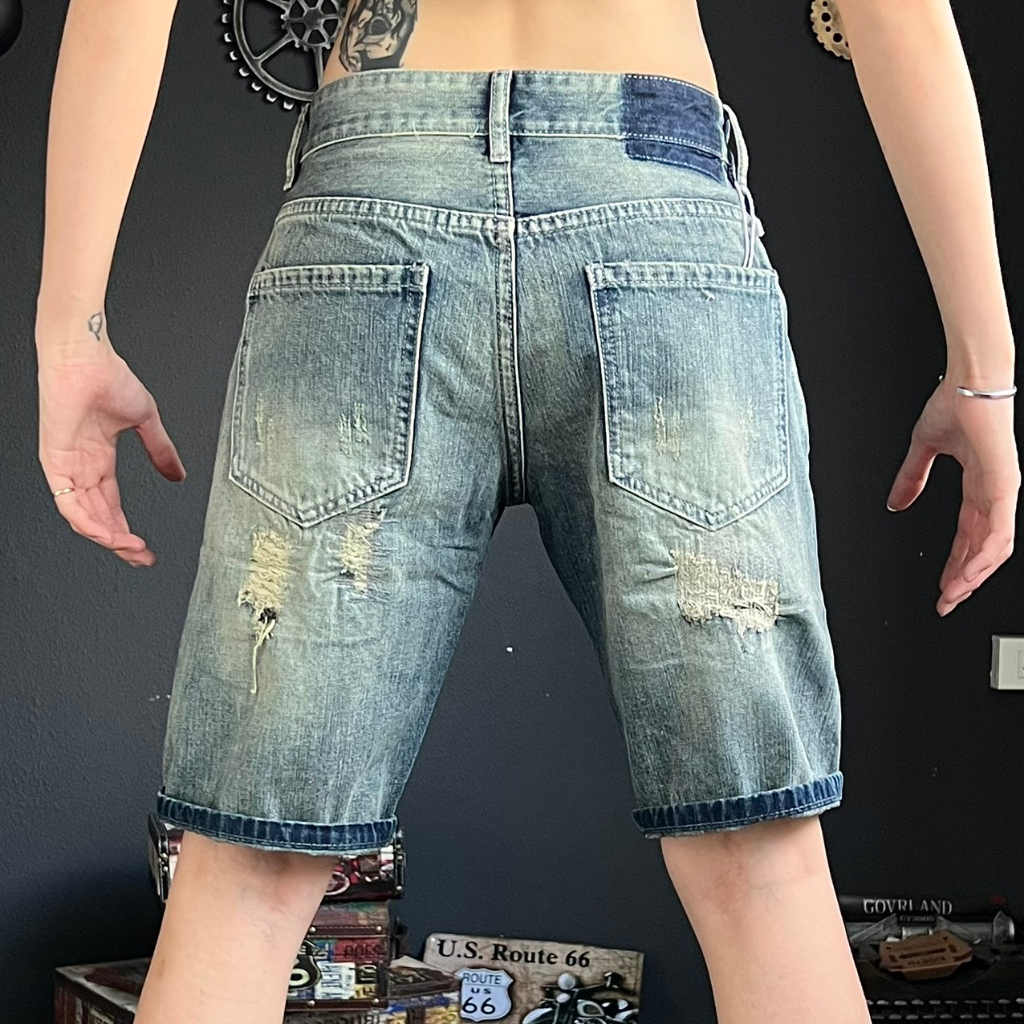 Quần short jean nam rách mạng chỉ trước sau màu xanh was chi tiết như hình QS1475 K3 STORE