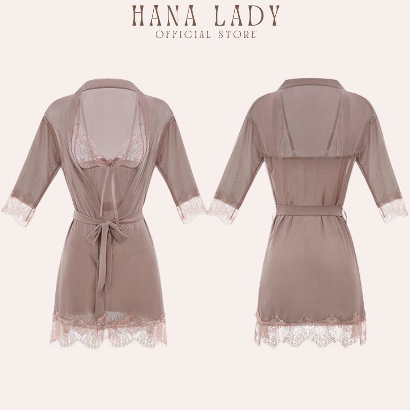 Váy ngủ áo choàng xuyên thấu chất voan lụa kèm chíp sexy Màu nâu HanaLadyStore V017