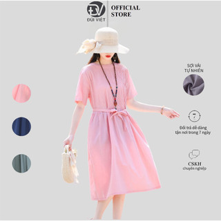Đầm suông nữ xếp ly cổ tròn kèm dây thắt eo, chất liệu đũi mềm mát Da192