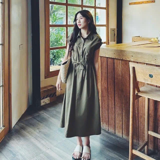 Đầm váy freesize sơ mi nút gỗ rút eo 4 màu