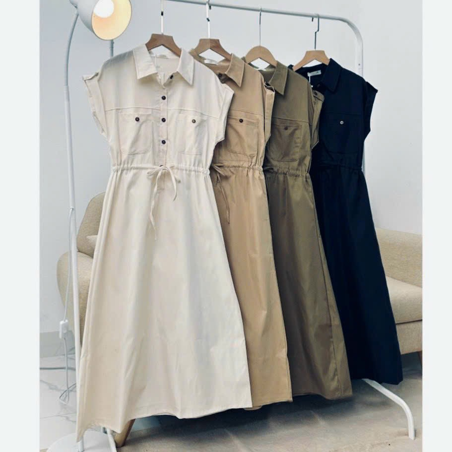 Đầm váy freesize sơ mi nút gỗ rút eo 4 màu