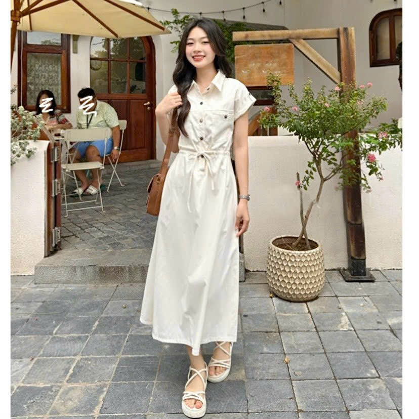 Đầm váy freesize sơ mi nút gỗ rút eo 4 màu
