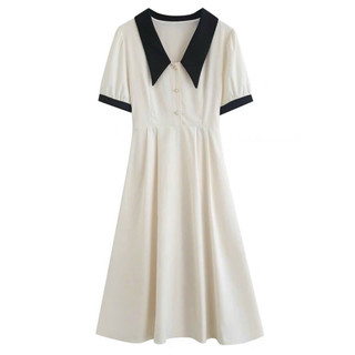 Đầm váy freesize midi trắng phối cổ đen