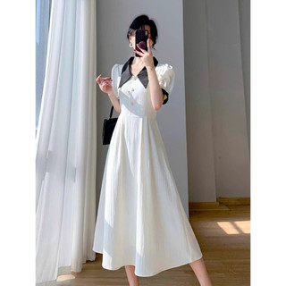 Đầm váy freesize midi trắng phối cổ đen