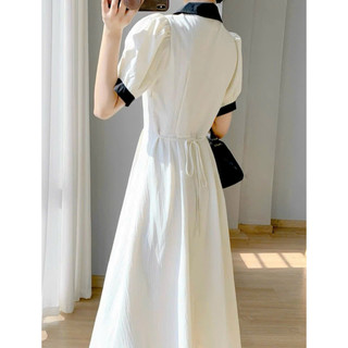 Đầm váy freesize midi trắng phối cổ đen