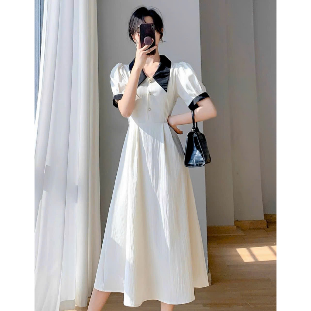 Đầm váy freesize midi trắng phối cổ đen
