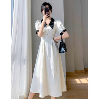 Đầm váy freesize midi trắng phối cổ đen