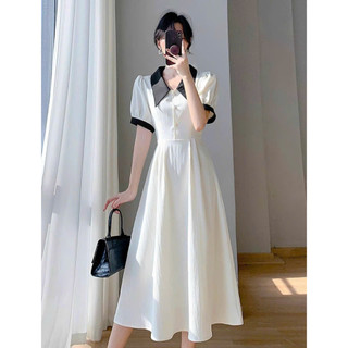 Đầm váy freesize midi trắng phối cổ đen