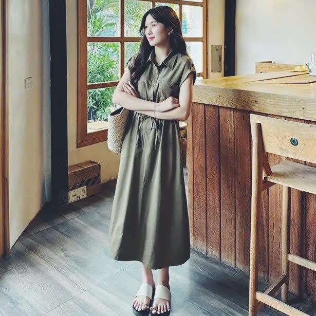 Đầm váy freesize sơ mi nút gỗ rút eo 4 màu