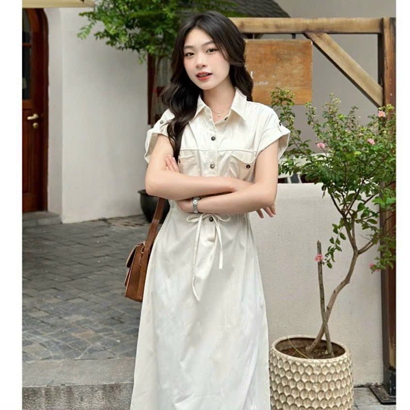 Đầm váy freesize sơ mi nút gỗ rút eo 4 màu