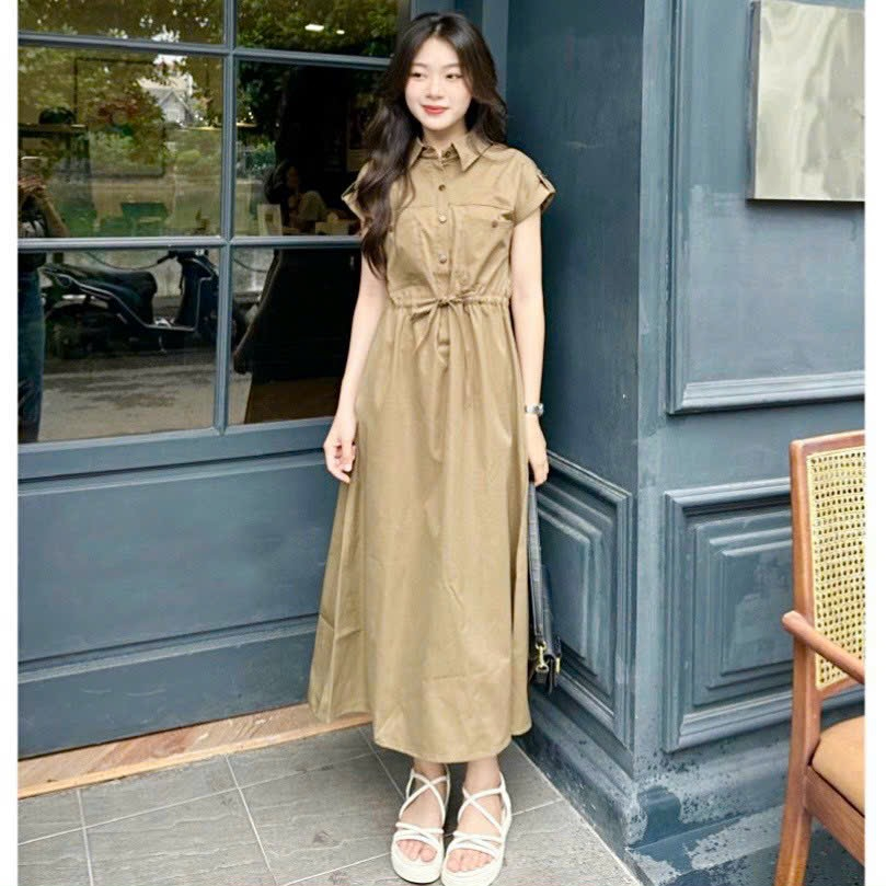 Đầm váy freesize sơ mi nút gỗ rút eo 4 màu