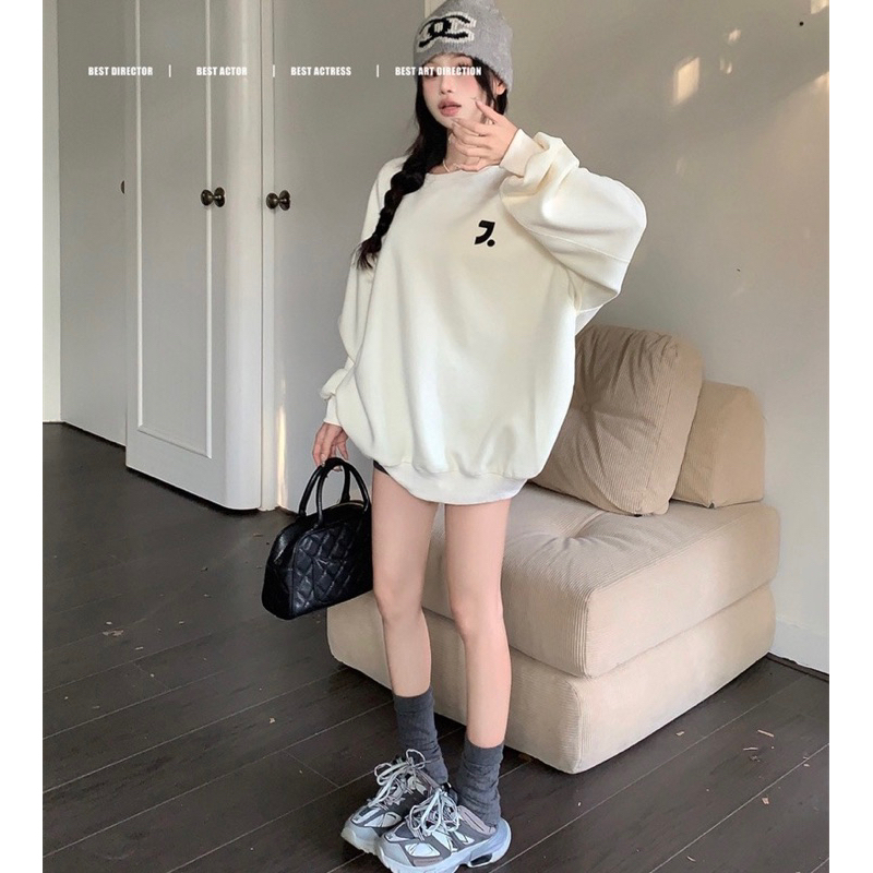 Áo sweater dài tay màu trơn in chữ dáng rộng tay bồng y ảnh chất đẹp dày dặn, áo sweatshirt nỉ unisex cho nam nữ