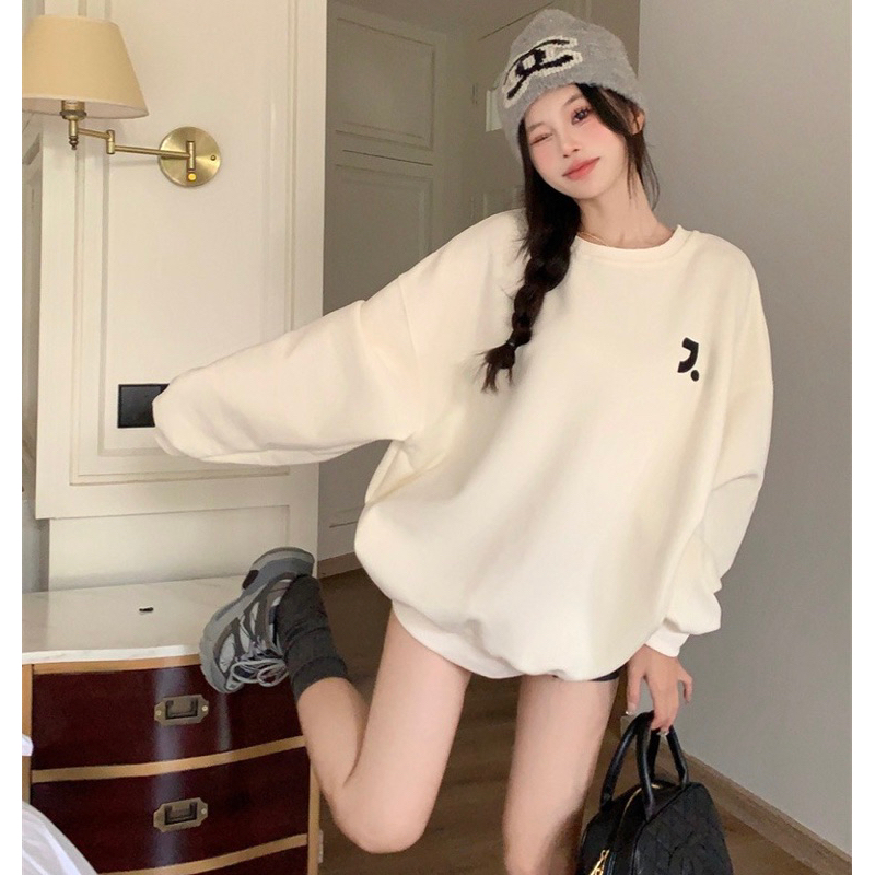 Áo sweater dài tay màu trơn in chữ dáng rộng tay bồng y ảnh chất đẹp dày dặn, áo sweatshirt nỉ unisex cho nam nữ