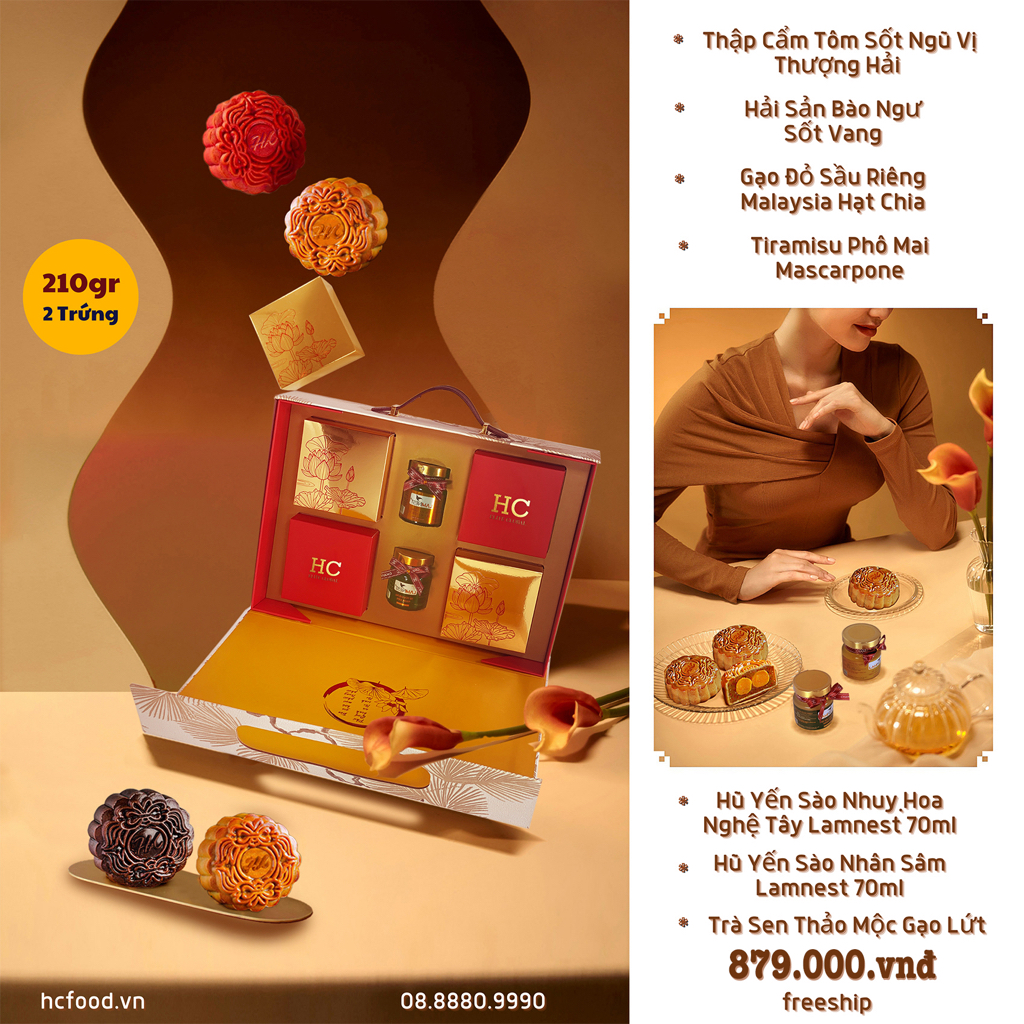 BÁNH TRUNG THU - COMBO 4 BÁNH 210G 2 TRỨNG + 02 HỦ YẾN SÀO 70ML + TRÀ SEN KÈM HỘP QUÀ SANG TRỌNG
